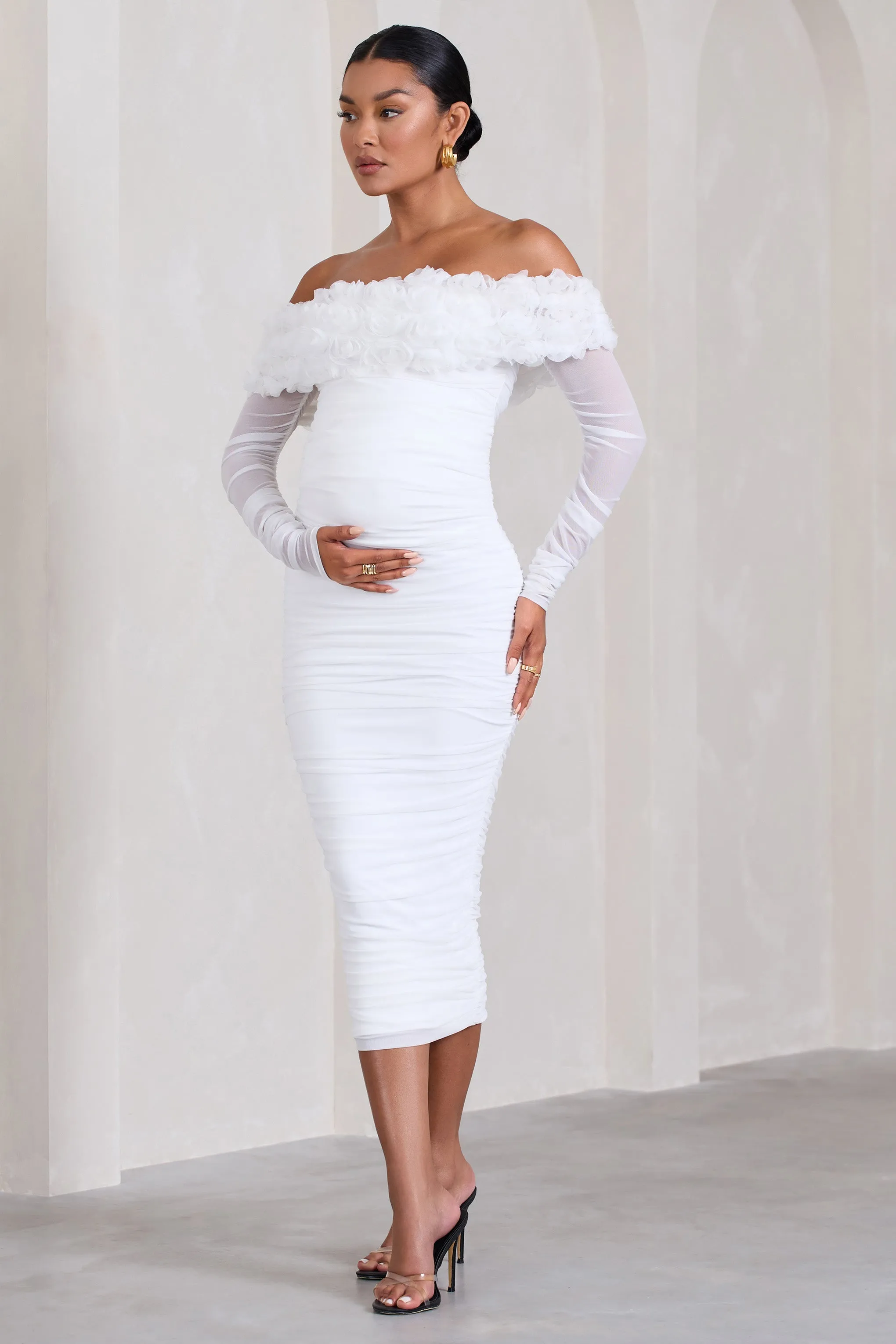 Orchid | White Ruched Mesh Floral Bardot Maternity Midi Dress