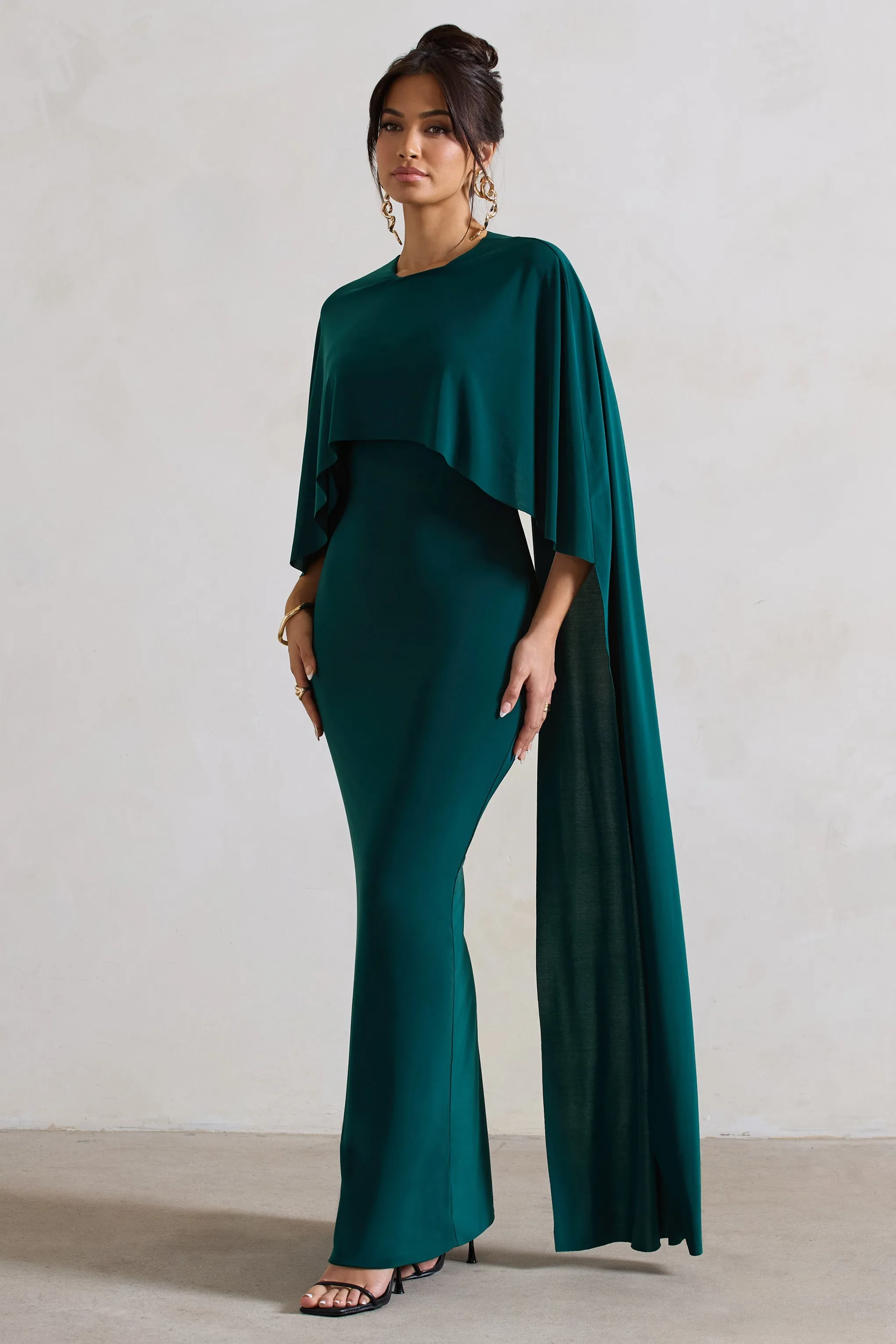 Padma | Bottle Green Draped Maxi Dress With Cape Sleeves