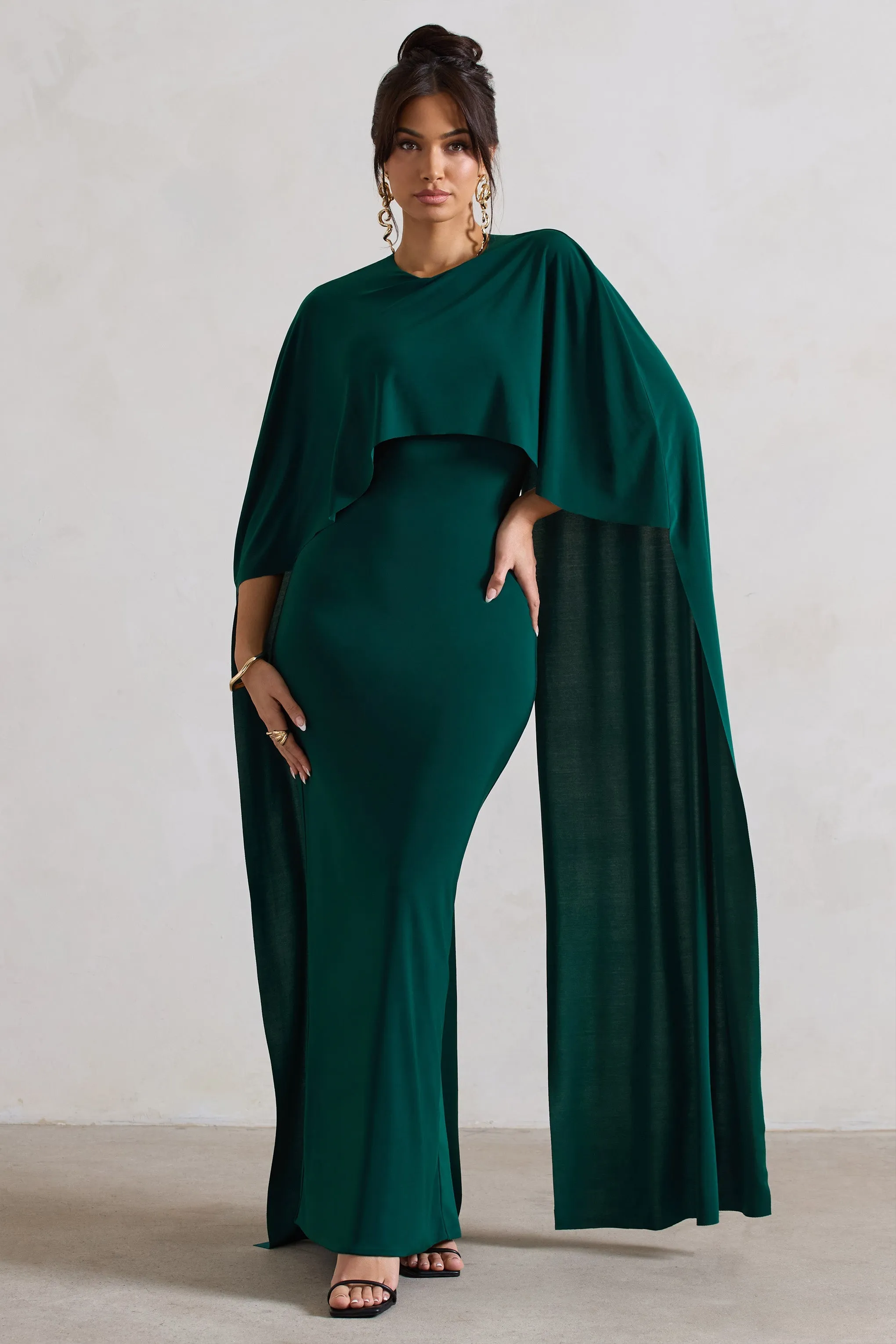 Padma | Bottle Green Draped Maxi Dress With Cape Sleeves