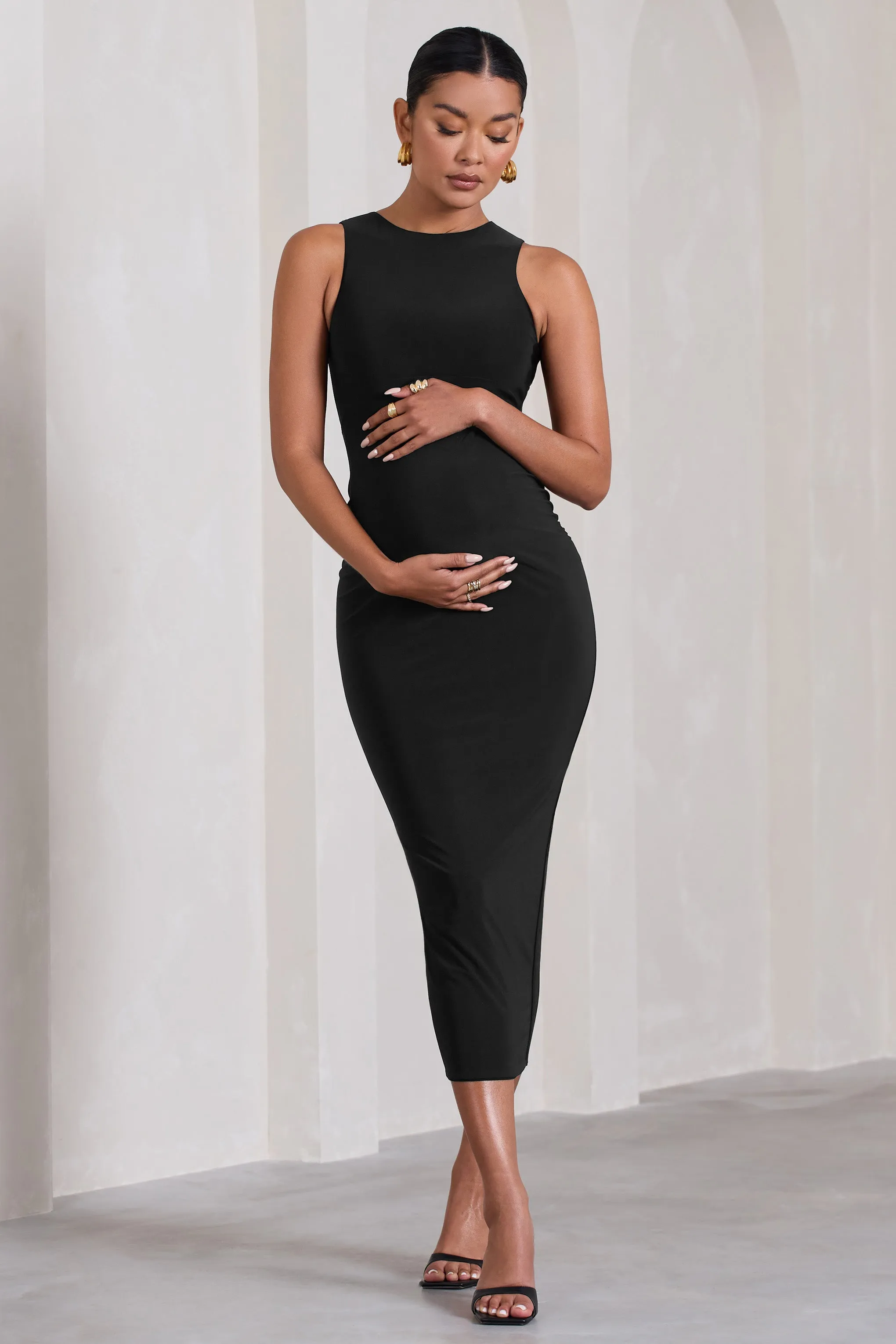 Paige | Black Sleeveless Split Maternity Midi Dress