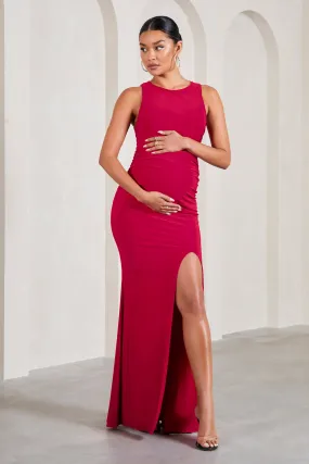 Pollie | Red Cowl-Back Split Maternity Maxi Dress