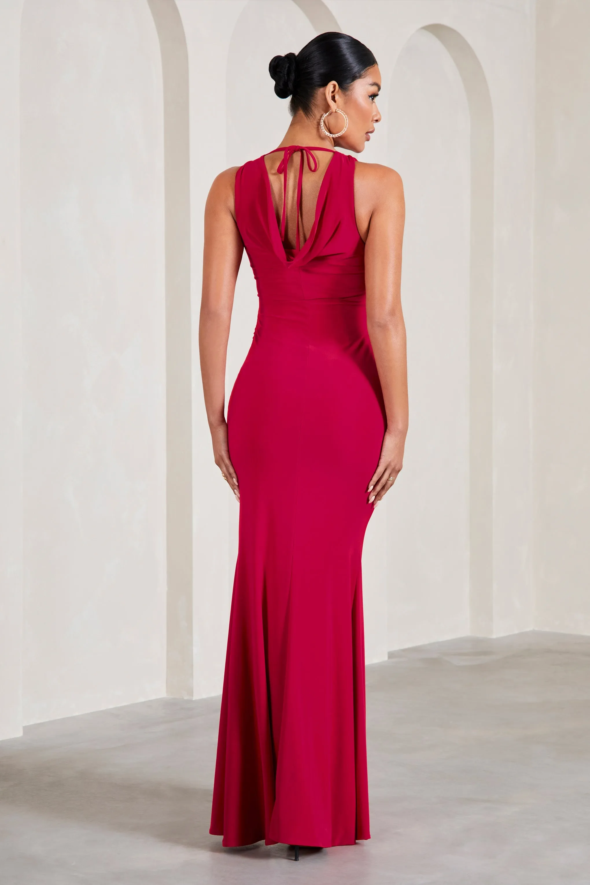 Pollie | Red Cowl-Back Split Maternity Maxi Dress