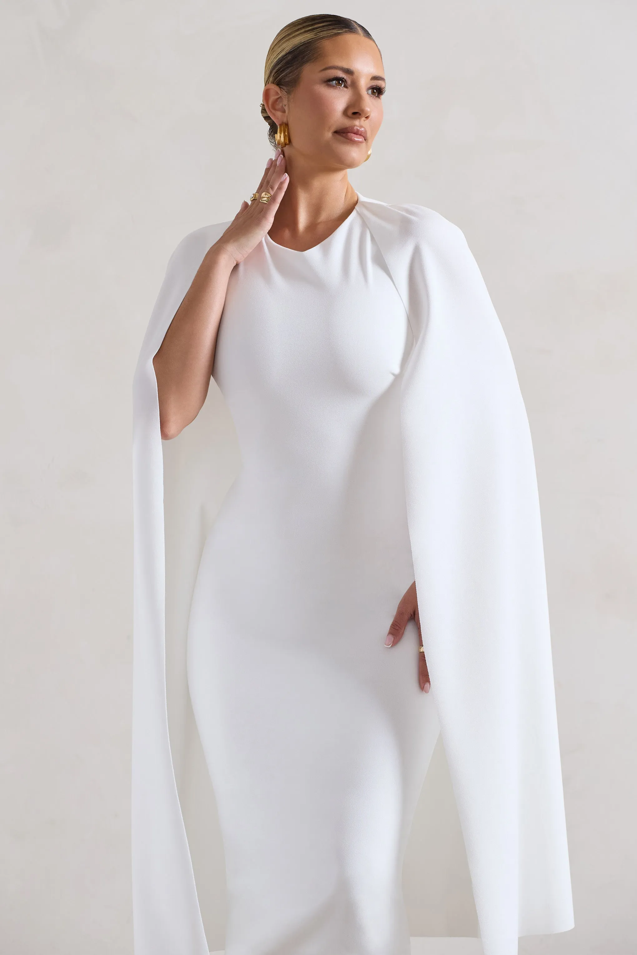 Rafaela | White Bodycon Midi Dress With Cape Sleeves