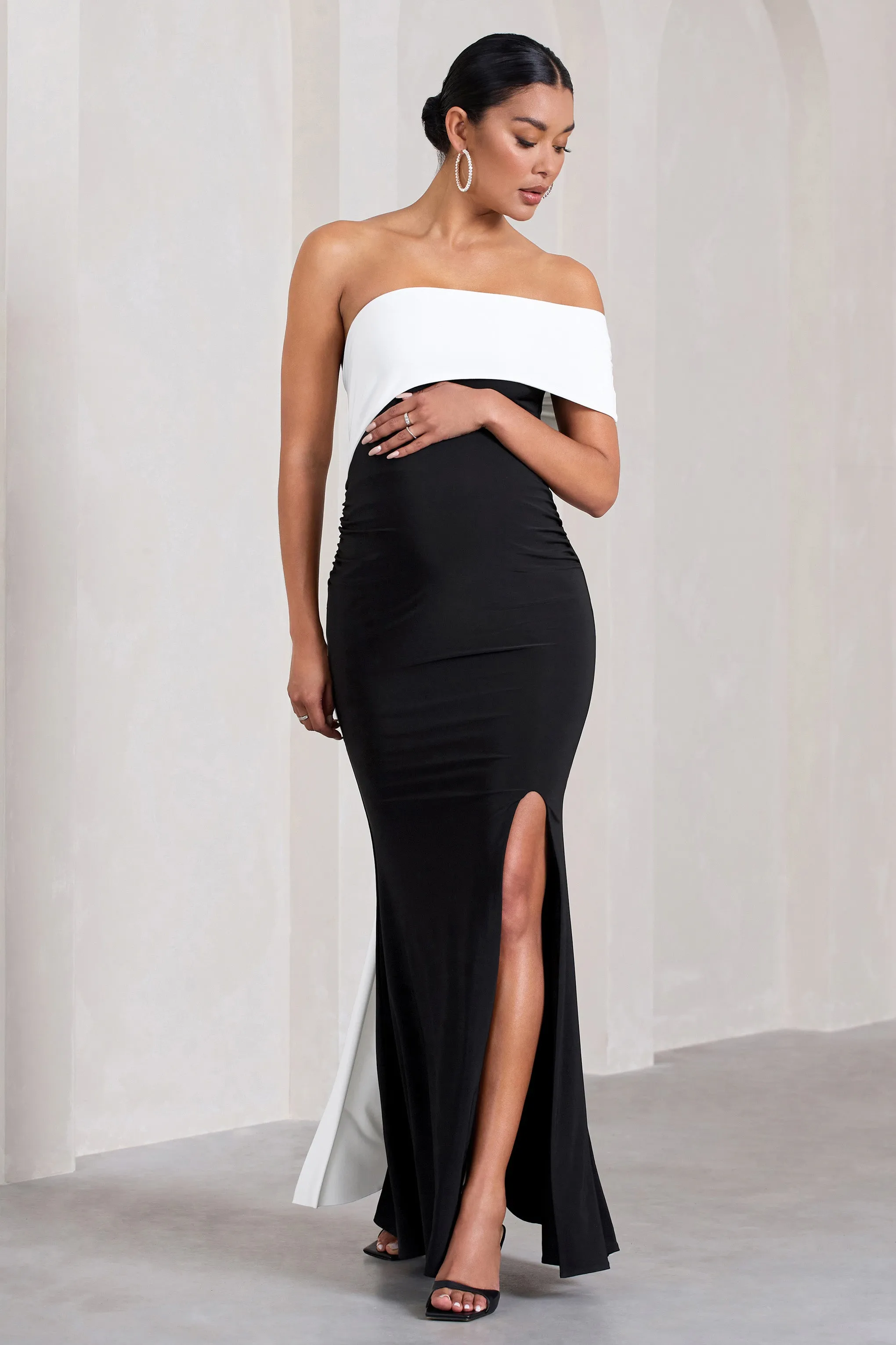 Real Love | Black & White Bardot Split Maternity Maxi Dress With Drape Detail