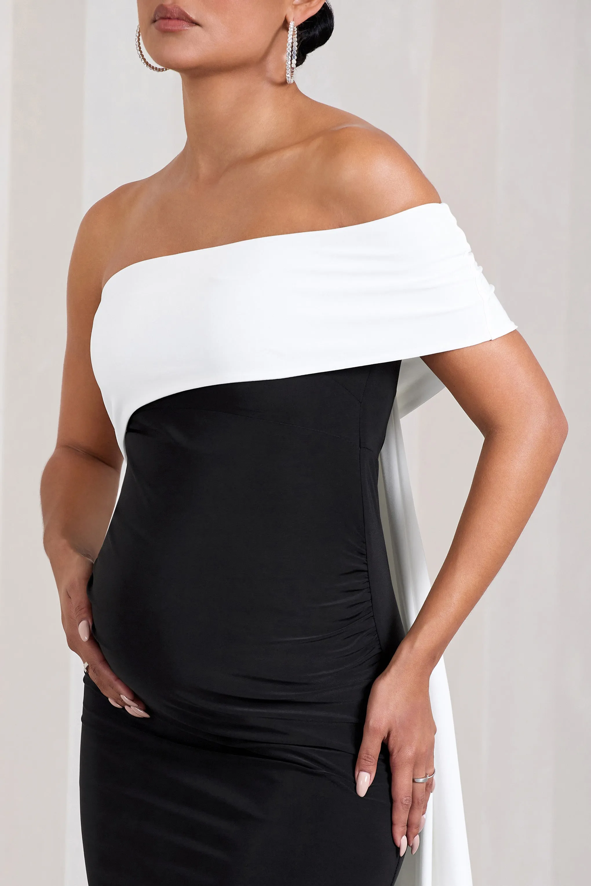 Real Love | Black & White Bardot Split Maternity Maxi Dress With Drape Detail