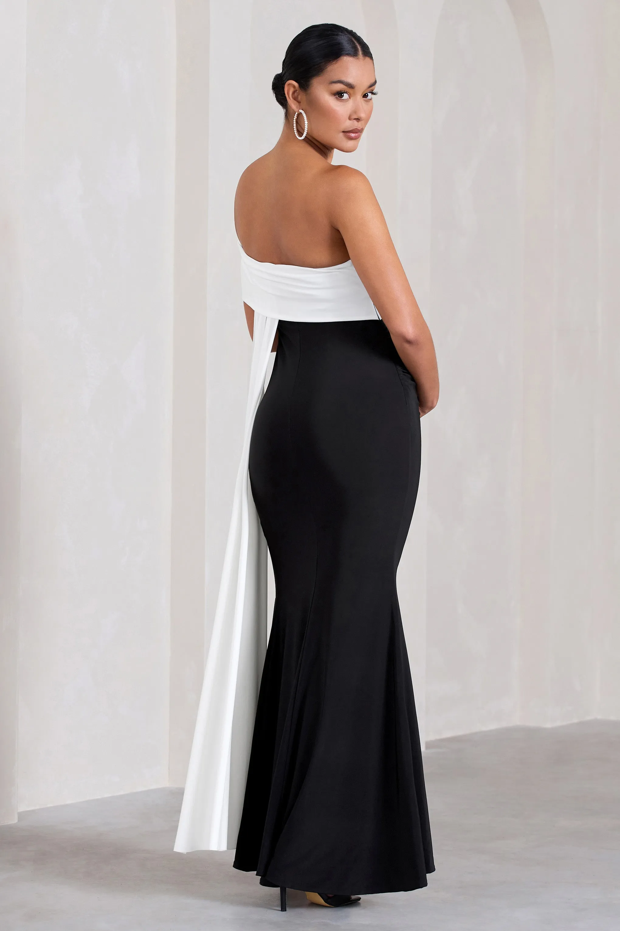 Real Love | Black & White Bardot Split Maternity Maxi Dress With Drape Detail