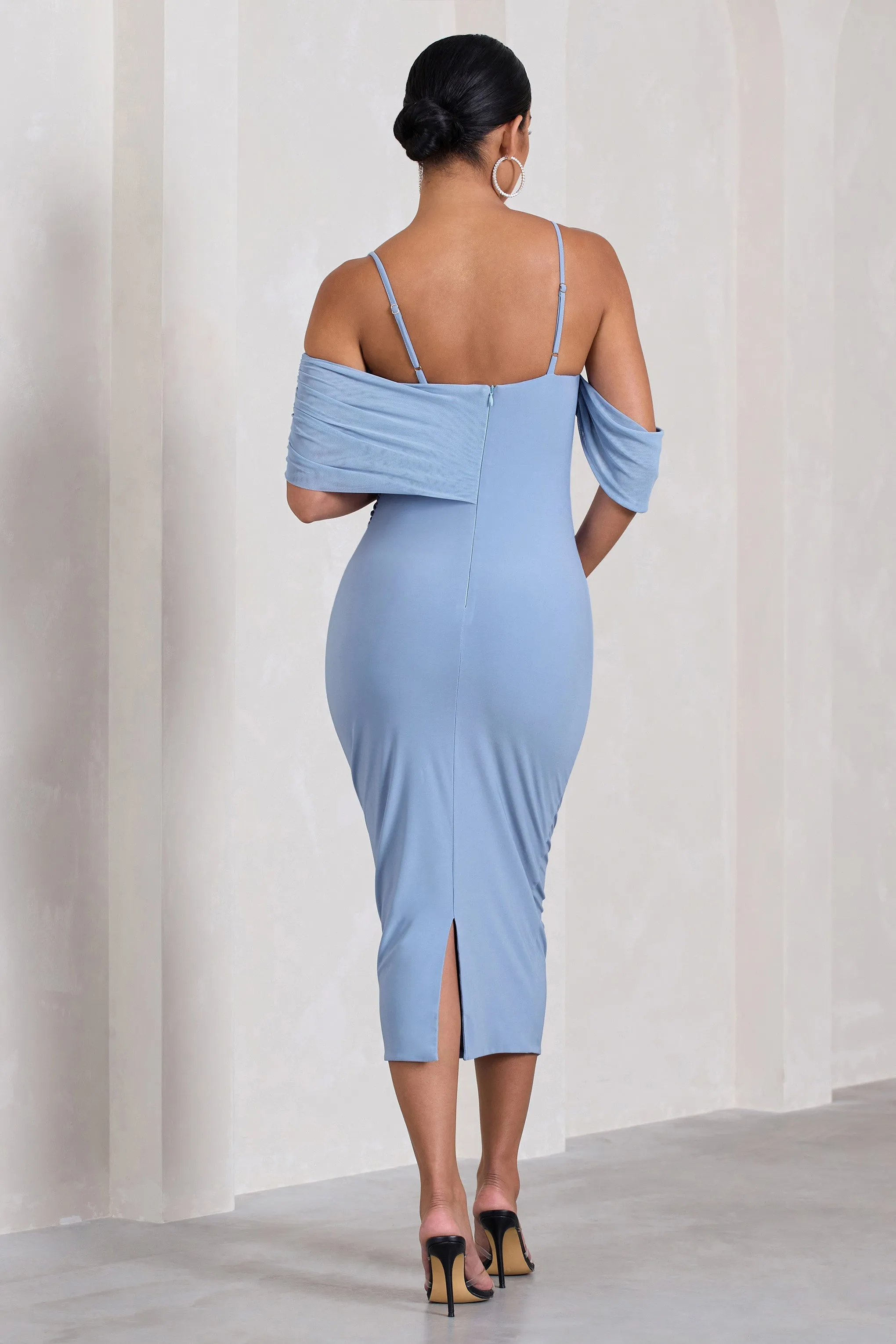 Shelby | Powder Blue Mesh Bardot Strappy Maternity Midi Dress