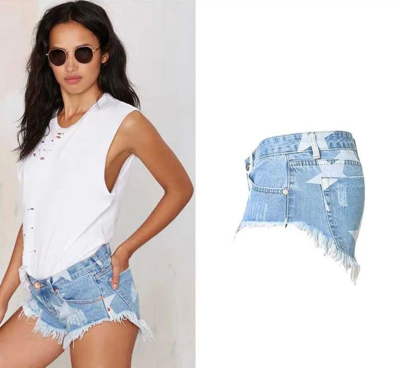 Star Print Tassel Denim Shorts