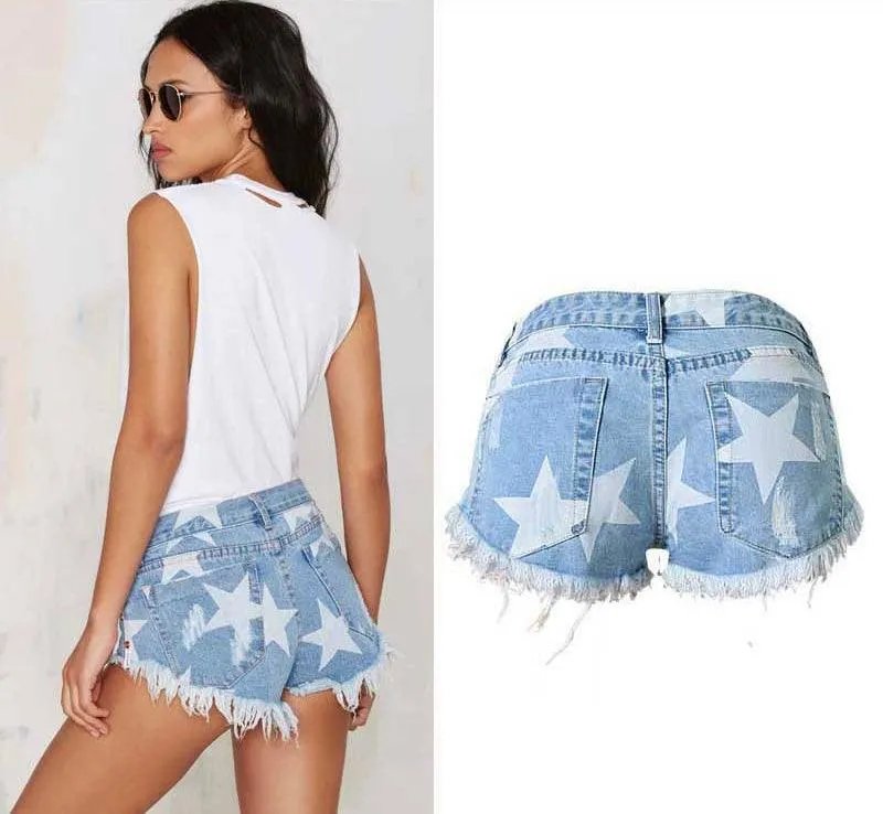 Star Print Tassel Denim Shorts