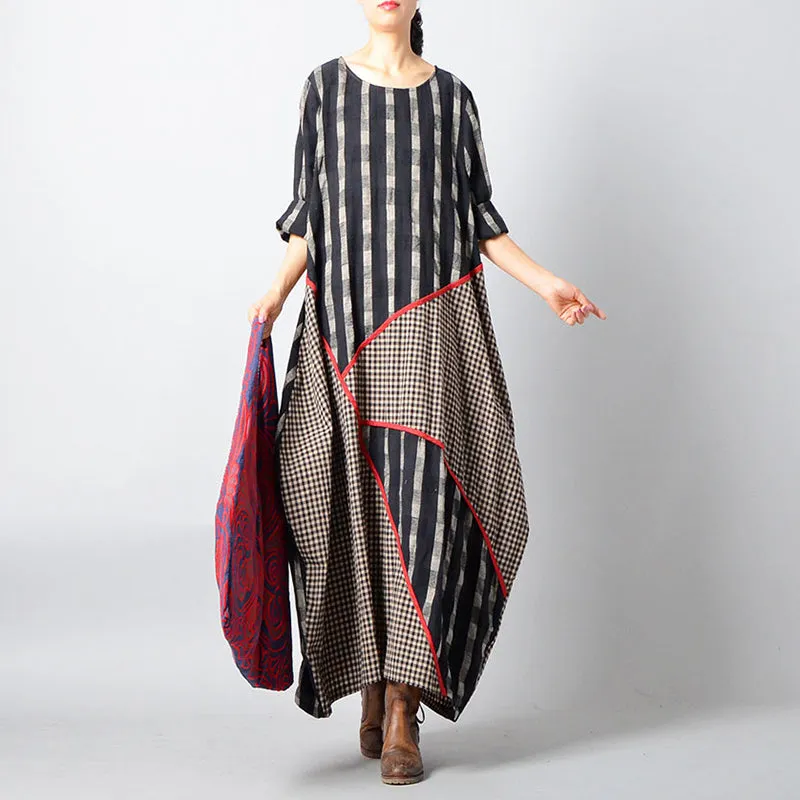 Stripes Plaid Spliced Irregular Cotton Linen Dress