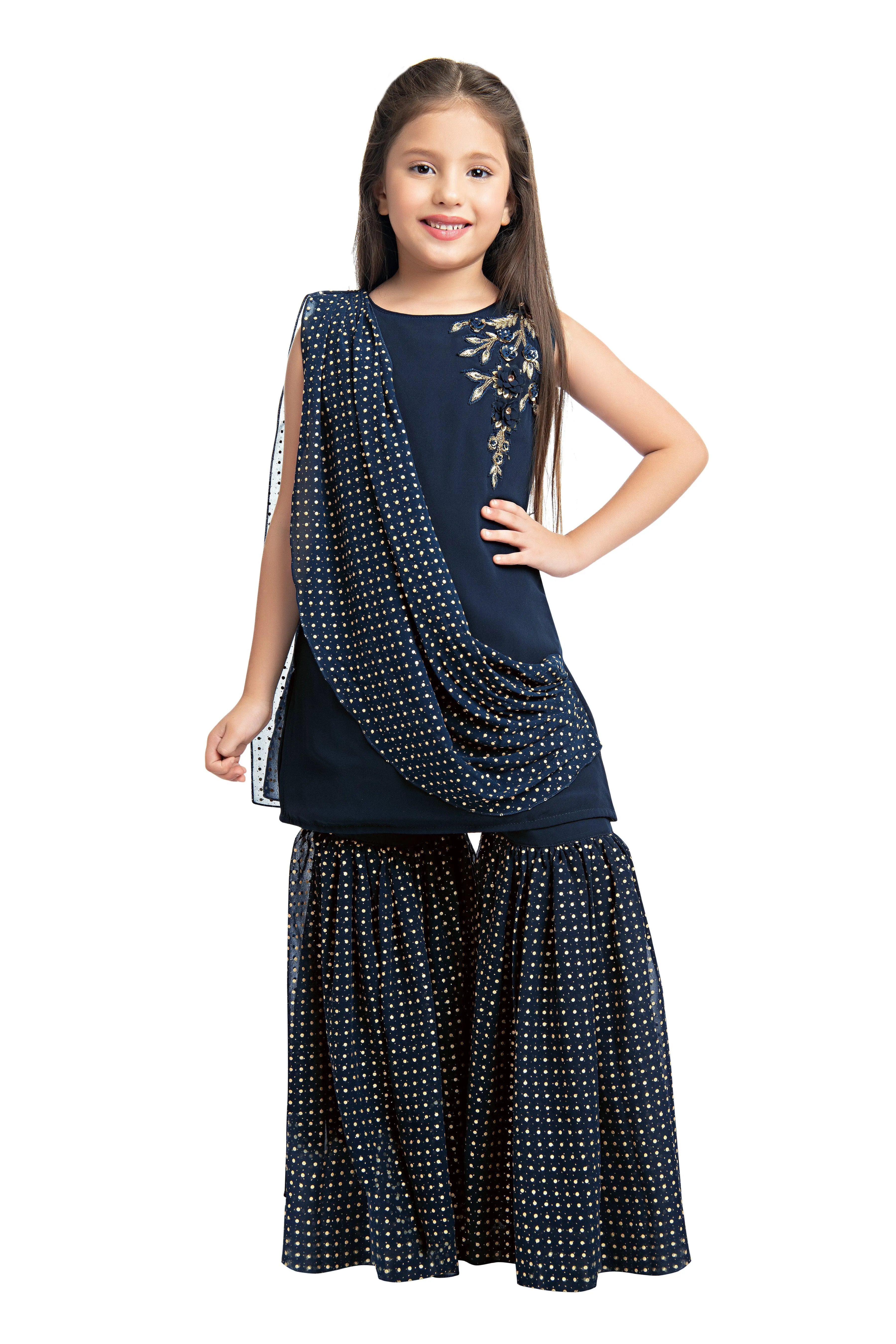 Teal Blue Embellished Kurta & Shrara Set For Girls